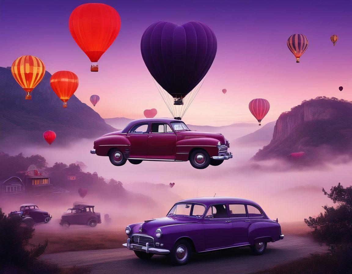 A collage of various enigmatic vehicles like vintage cars, mysterious motorcycles, and whimsical hot air balloons, intertwined with heart-shaped symbols and shadowy figures depicting romance. The background features a foggy landscape that adds an air of mystery, with soft hues of red and purple reflecting the theme of love and suspense. Soft glowing lights around the vehicles enhance the romantic atmosphere. surrealism. vibrant colors. dreamlike ambiance.