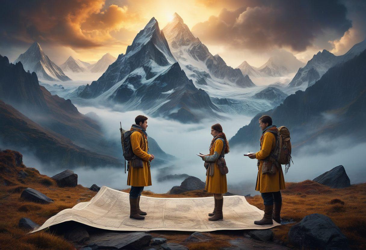 A captivating scene featuring a couple embarking on a thrilling adventure, surrounded by mysterious symbols and intricate maps. The background showcases a dramatic landscape with towering mountains and a hidden path, while the couple, clad in explorer attire, gazes curiously at an ancient artifact glowing with secrets. Ethereal mist envelops the setting, enhancing the sense of enigma. surrealistic. vibrant colors. high contrast.