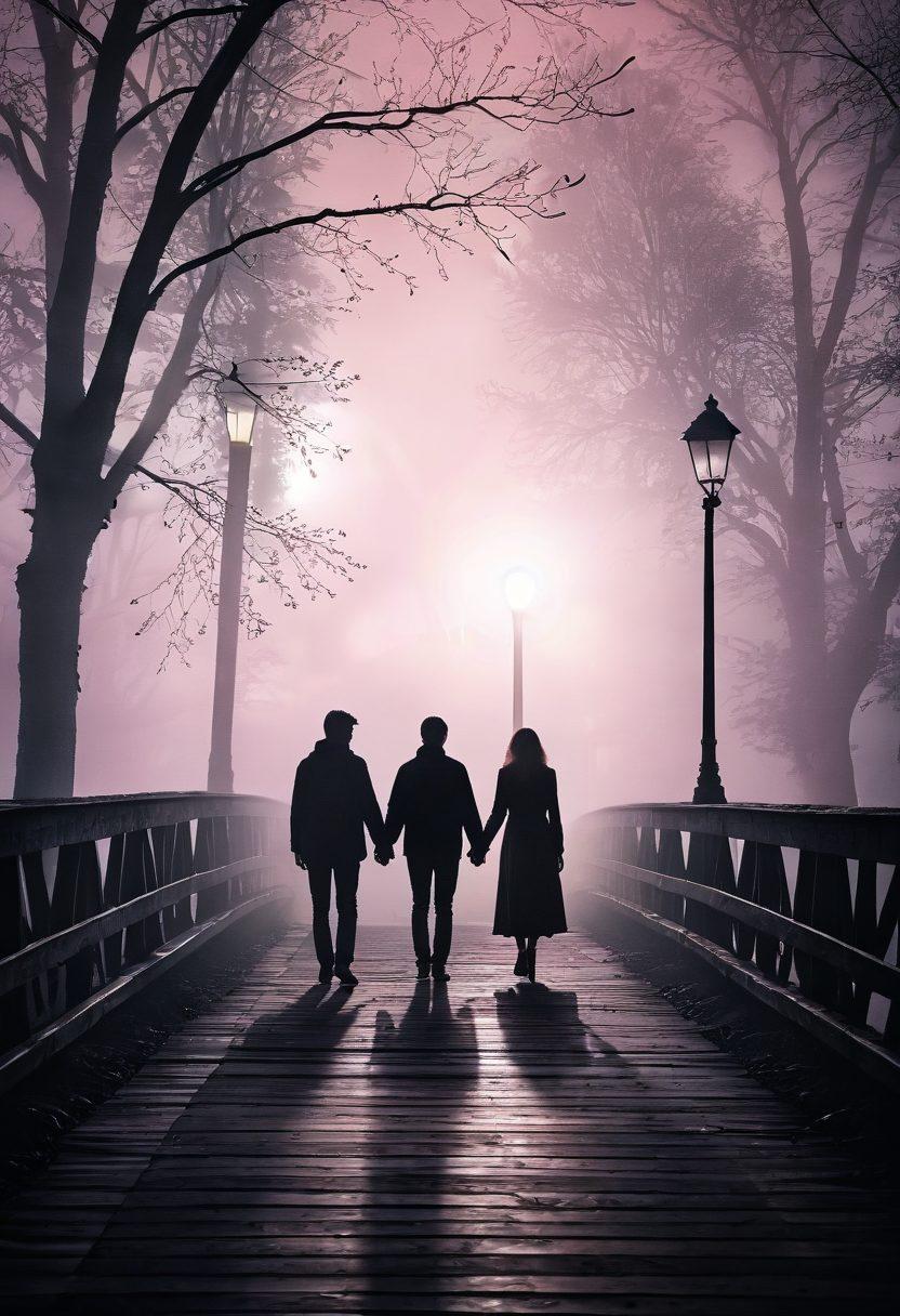 A shadowy figure standing on a fog-covered bridge, gazing into the distance where a silhouette of a couple can be seen holding hands under a dimly lit streetlamp. The atmosphere is tinged with mystery, blending soft romantic hues with darker undertones. Broken hearts and question marks subtly etched into the fog, hinting at suspense. Cinematic lighting adds depth and drama to the scene. cinematic. moody colors. high contrast.